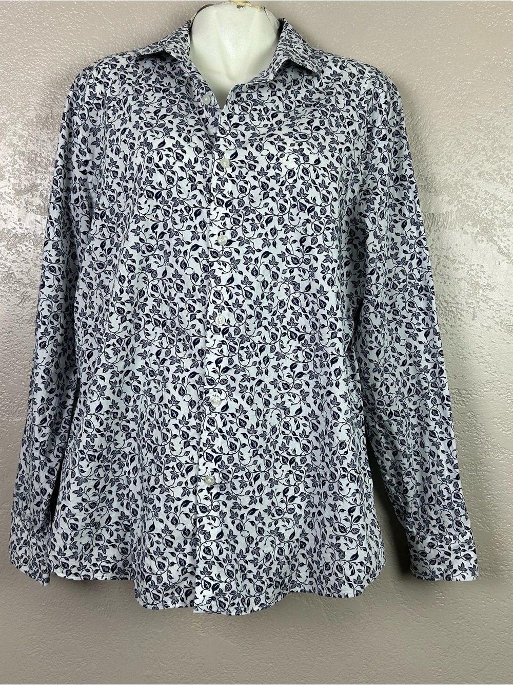 Choose 2 for $30 Murano White Button-Down Shirt with Navy Leaf Motif